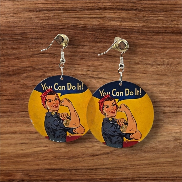 Retro "Rosie the Riveter" 'You Can Do It!' Earrings - Picture 1 of 3